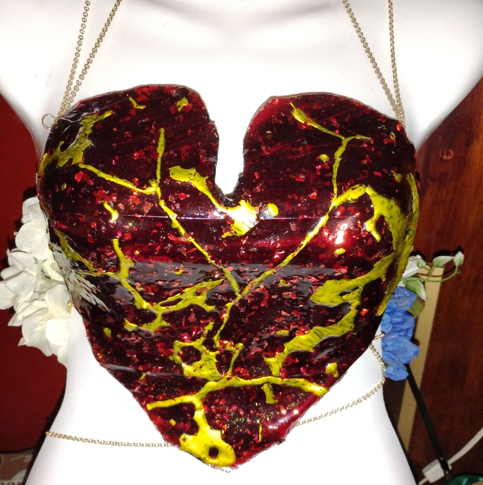 Unique Red and Yellow Abstract Heart Necklace